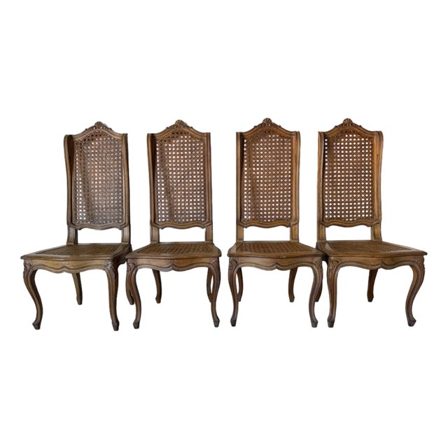 Vintage French Country Louis XV–Style Carved Wood Dining Chairs With Cane Backs — Set of 4 For Sale