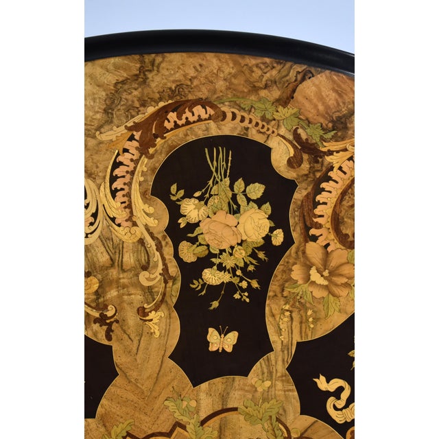 Wood 19th Century Victorian English Burr Walnut & Marquetry Circular Breakfast Table For Sale - Image 7 of 18