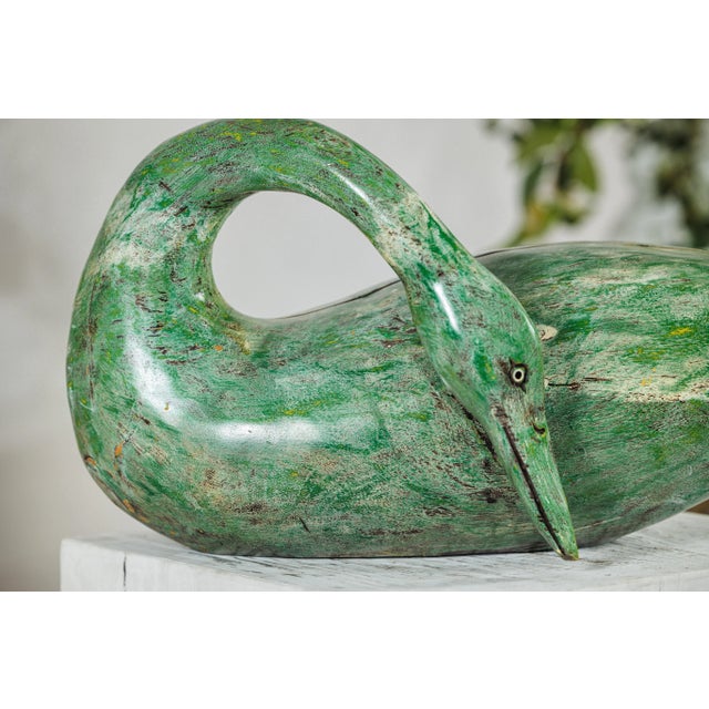 Rustic Vintage Green Painted Wooden Swan with Carved Curved Neck For Sale - Image 3 of 12