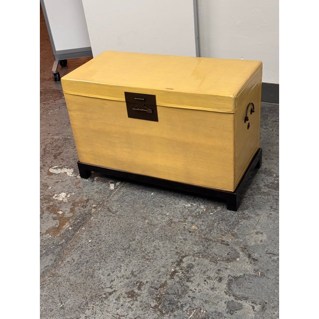 Chinese Lift-Top Yellow Leather Trunk, Vintage For Sale - Image 10 of 12
