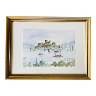1990s Petite Original Watercolor of European Harbor, Vintage For Sale