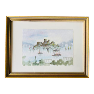 1990s Petite Original Watercolor of European Harbor, Vintage