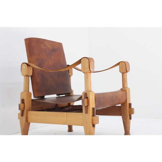Vintage Brutalist Safari Armchair in Wood and Cognac Leather, 1960s For Sale - Image 4 of 9