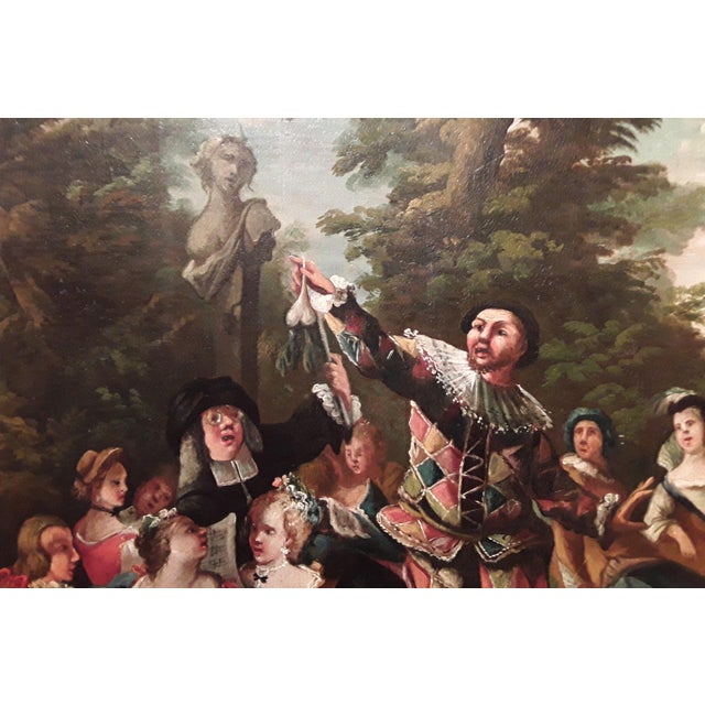 Genre scene with high-ranking characters sitting in a woodland clearing while attending a comic and playful performance by...