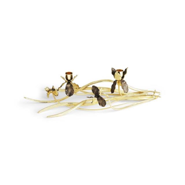 Low Candlesticks with Iris Design in Patinated Metal, Set of 2 For Sale - Image 3 of 5