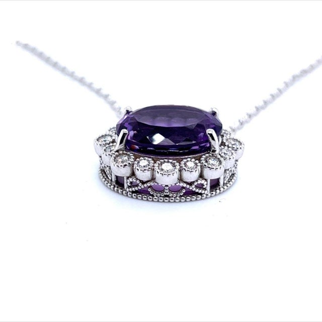 Natural Amethyst Diamond Pendant with Chain 14k W Gold 15.51 TCW Certified For Sale In New York - Image 6 of 9