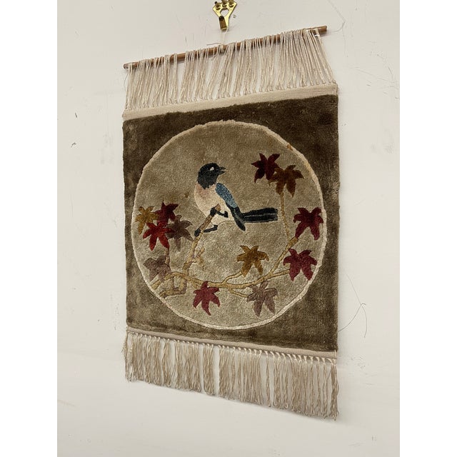 Vintage Hand-Tufted Textile Wall Hanging With Bird and Autumn Leaves Motif, Fringed Decor Panel For Sale - Image 4 of 11