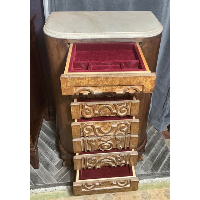 Art Nouveau Italian Modern Sculptural Eight Drawer Chest With Travertine Top & Removable Velvet Jewelry Trays, c.1970 For Sale - Image 3 of 6