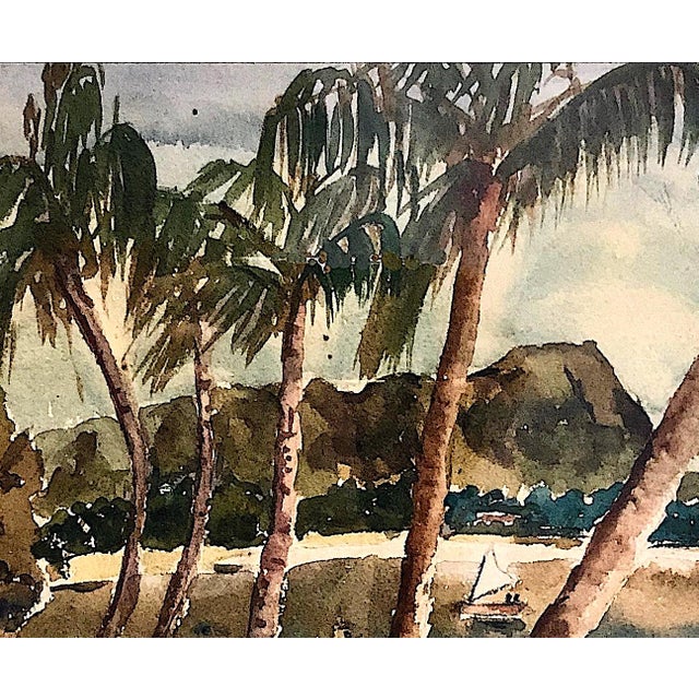 American A 1940s Watercolor of Diamond Head Viewed From Waikiki Beach For Sale - Image 3 of 7