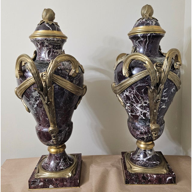 Metal Pair Early 20th C. Louis XVI Style Mottled Lavender Marble and Gilt Bronze Ormolu Covered Urns For Sale - Image 7 of 13
