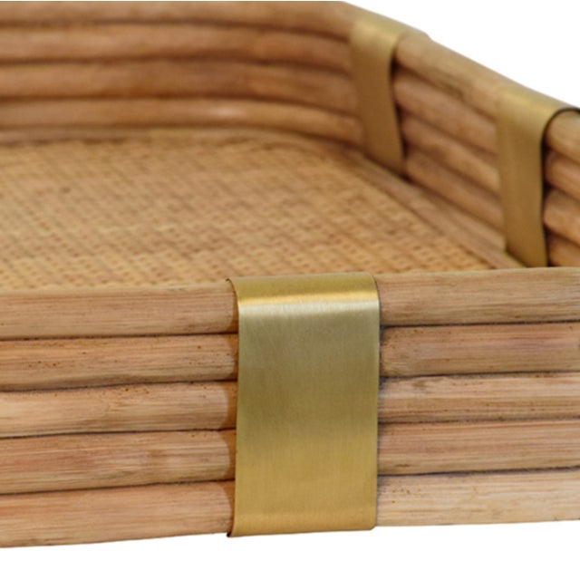 Worlds Away Matthew Izzo Home Barley Rectangular Rattan and Brass Detail Serving Tray For Sale - Image 4 of 8