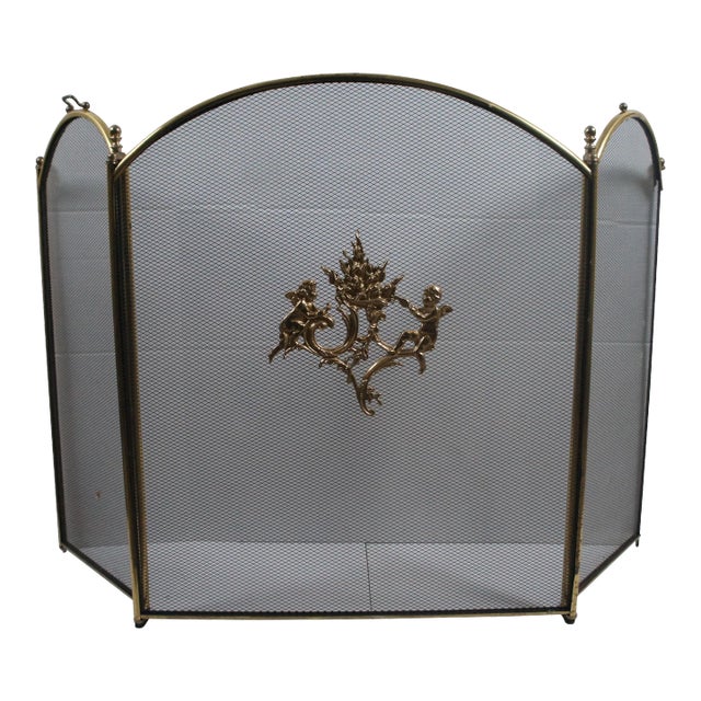 Antique Brass & Mesh 3-Panel Cherub Folding Fireplace Screen Hearthware For Sale
