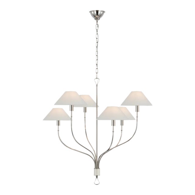 Amber Lewis for Visual Comfort Signature Griffin Large Staggered Tail Chandelier in Polished Nickel and Parchment Leather with Linen Shades For Sale