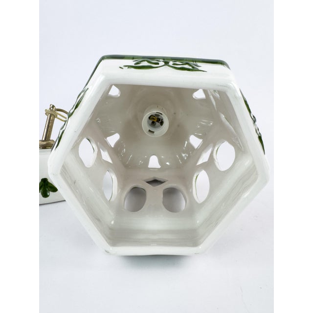 Vintage French Ceramic Pendant Light With Hand-Painted Green Birds For Sale - Image 10 of 18