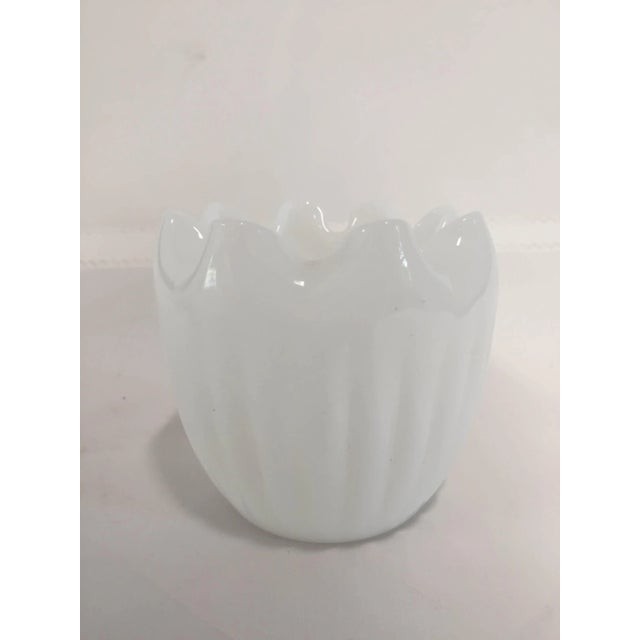 Vintage modern translucent white glass vase is like a mid century lily-of-the-valley blossom, with its pattern of vertical...