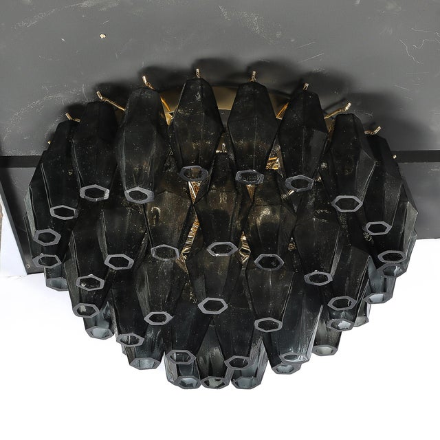 Modern Modernist Handblown Murano Smoked Glass Polyhedral Flush Mount W/ Brass Fittings For Sale - Image 3 of 16