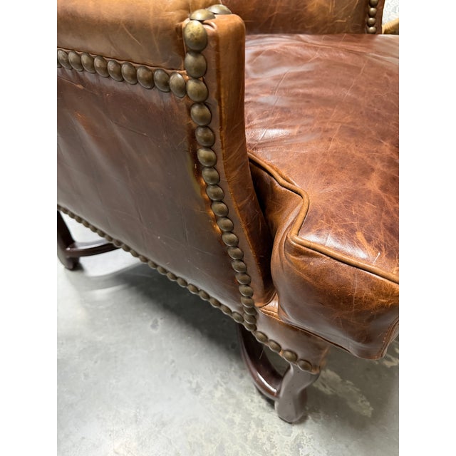 Vintage Barclay-Butera Brown Leather Wingback Chairs With Brass Nailhead Trim, a Pair For Sale - Image 9 of 12