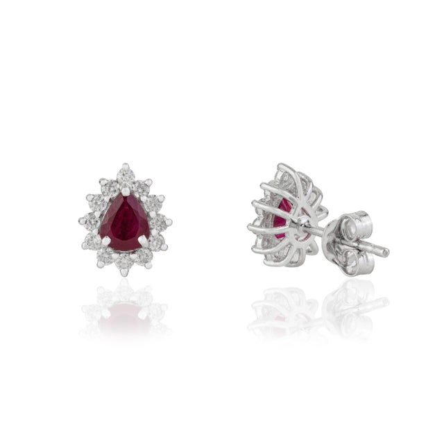 Metal VRJewels 18k Gold Natural Vivid Red Ruby & Diamond Sunburst Stud Earring- A Pair For Sale - Image 7 of 14