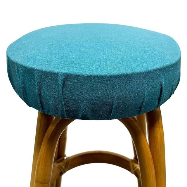 Restored MCM Single Stand Arched Rattan Bar Stool W/ Blue Seat, 8 Available For Sale - Image 4 of 5