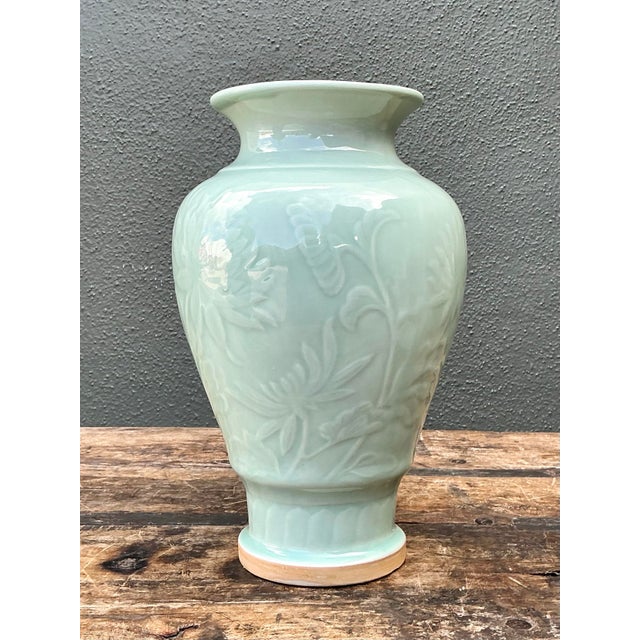 Vintage Celadon Floral Relief Ceramic Vase For Sale - Image 12 of 12