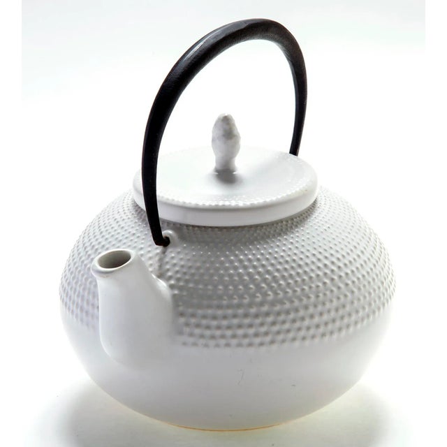 Metal Mid Century Japanese Ceramic White Tea-Pot With Iron Handle For Sale - Image 7 of 12