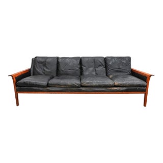 1960s Rosewood and Black Leather Sofa Attributed to Hans Olson For Sale