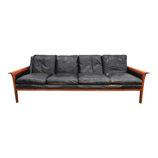 1960s Rosewood and Black Leather Sofa Attributed to Hans Olson For Sale