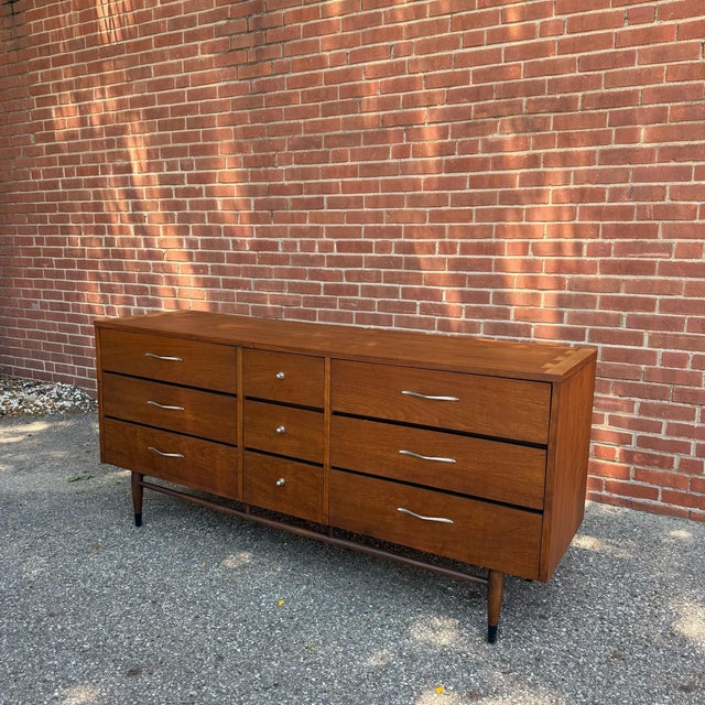 Mid-Century Modern Mid 20th Century Lane Acclaim Walnut 9-Drawer Lowboy Dresser by Andre Bus for Lane Furniture For Sale - Image 3 of 9
