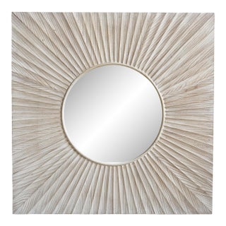 White Wash Wood Sunburst Square Wall Mirror For Sale