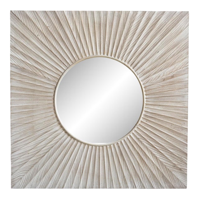 White Wash Wood Sunburst Square Wall Mirror For Sale