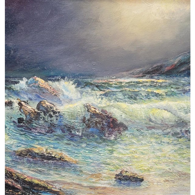 MCM Oil Painting Ocean Rocks Scene For Sale - Image 4 of 9