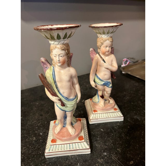 Antique Staffordshire Pair Pottery Candlesticks Figurines For Sale - Image 4 of 7