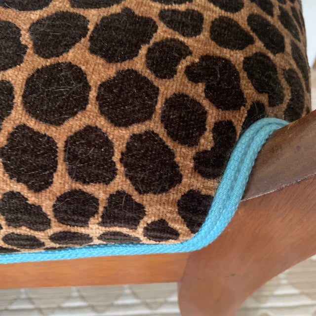 Brown Antique Handcarved Side Chairs With Leaf Design and Leopard Upholstery and Turquoise Welting - a Pair For Sale - Image 8 of 10