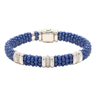 Caviar Lagos .28ctw Diamond &Blue Bead Bracelet, Sterling Silver 14k Yellow Gold For Sale