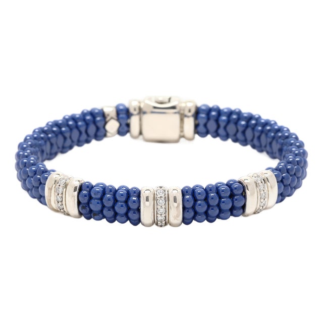 Caviar Lagos .28ctw Diamond &Blue Bead Bracelet, Sterling Silver 14k Yellow Gold For Sale