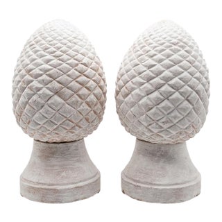 Pair of Vintage White-Washed Terracotta Pinecone Finials For Sale