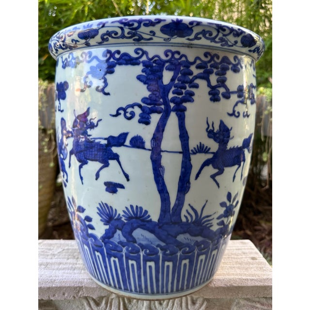 17th Century Antique Chinese Ming Dynasty Deer Phoenix Mythical Porcelain Jardiniere Planter Pot For Sale - Image 9 of 12