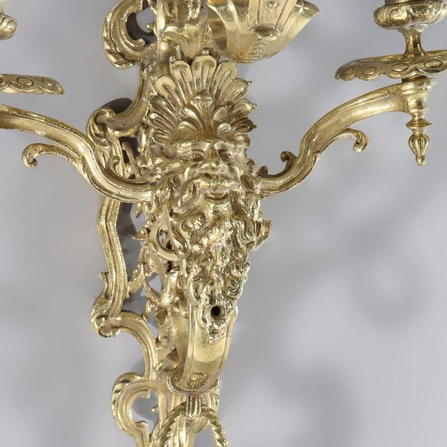 Neoclassical Antique Figural Gilt Bronze Three-Candle Wall Sconce With Mask C1920 For Sale - Image 3 of 9