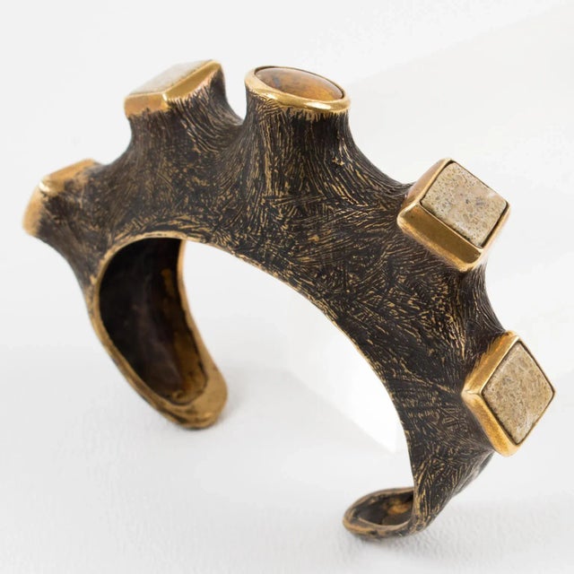 Artist Brutalist Bronze Cuff Bracelet With Travertine and Amber Cabochons For Sale - Image 4 of 12