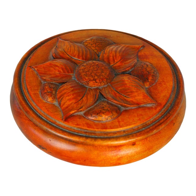 Midcentury French Large Turned Wood Box With Carved Flower For Sale