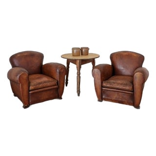 Pair of Antique French Leather Club Chairs - Circa 1920s For Sale