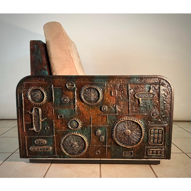 Armani Casa Lounge Chair With Custom Relief Artwork by Lance Kleinsmith Artist Signed, Brutalist Designer Chair For Sale - Image 10 of 11