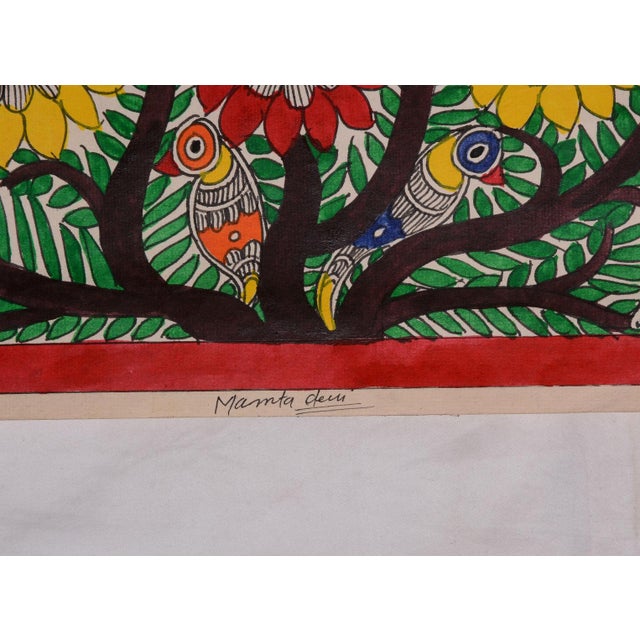 Folk Art Mamta Devi – National Award Winner (2016) | Hand-Painted Madhubani Tree of Life & Birds on Handmade Khadi Paper For Sale - Image 3 of 4