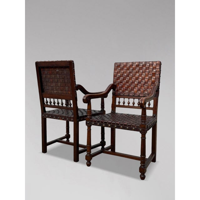 Oak and Woven Leather Armchairs, 1880s, Set of 2 For Sale - Image 11 of 13