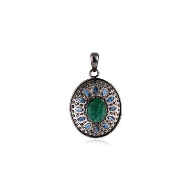 Metal Modern-Style Emerald and Kyanitre Oval Statement Pendant for Women For Sale - Image 7 of 11