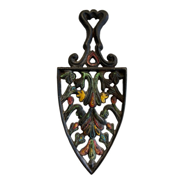 Vintage Wilton Hand Painted Cast Iron Floral Wall Trivet For Sale
