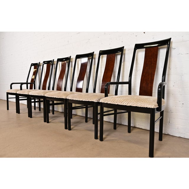 Drexel Heritage Mid-Century Modern Hollywood Regency Black Lacquer and Walnut High Back Armchairs, Pair For Sale - Image 11 of 12