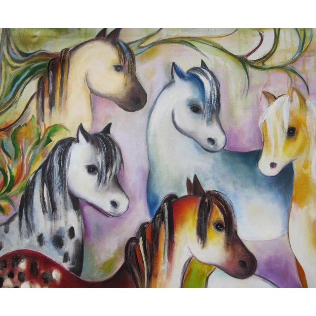 Mustangs by Zoa Ace | Oil on canvas Painting of colorful horses in a vibrant landscape For Sale - Image 4 of 5