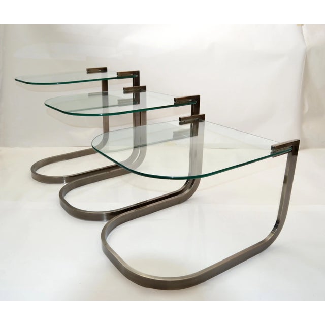 Design Institute of America 'Dia' Three Vintage Glass & Steel Nesting Tables For Sale In Miami - Image 6 of 13
