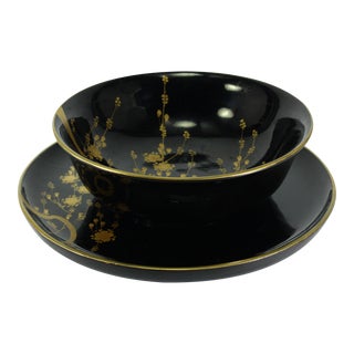 1930's 2 Piece Set Large Bowl & Underplate Turned Wood & Black Lacquer With Gilt For Sale